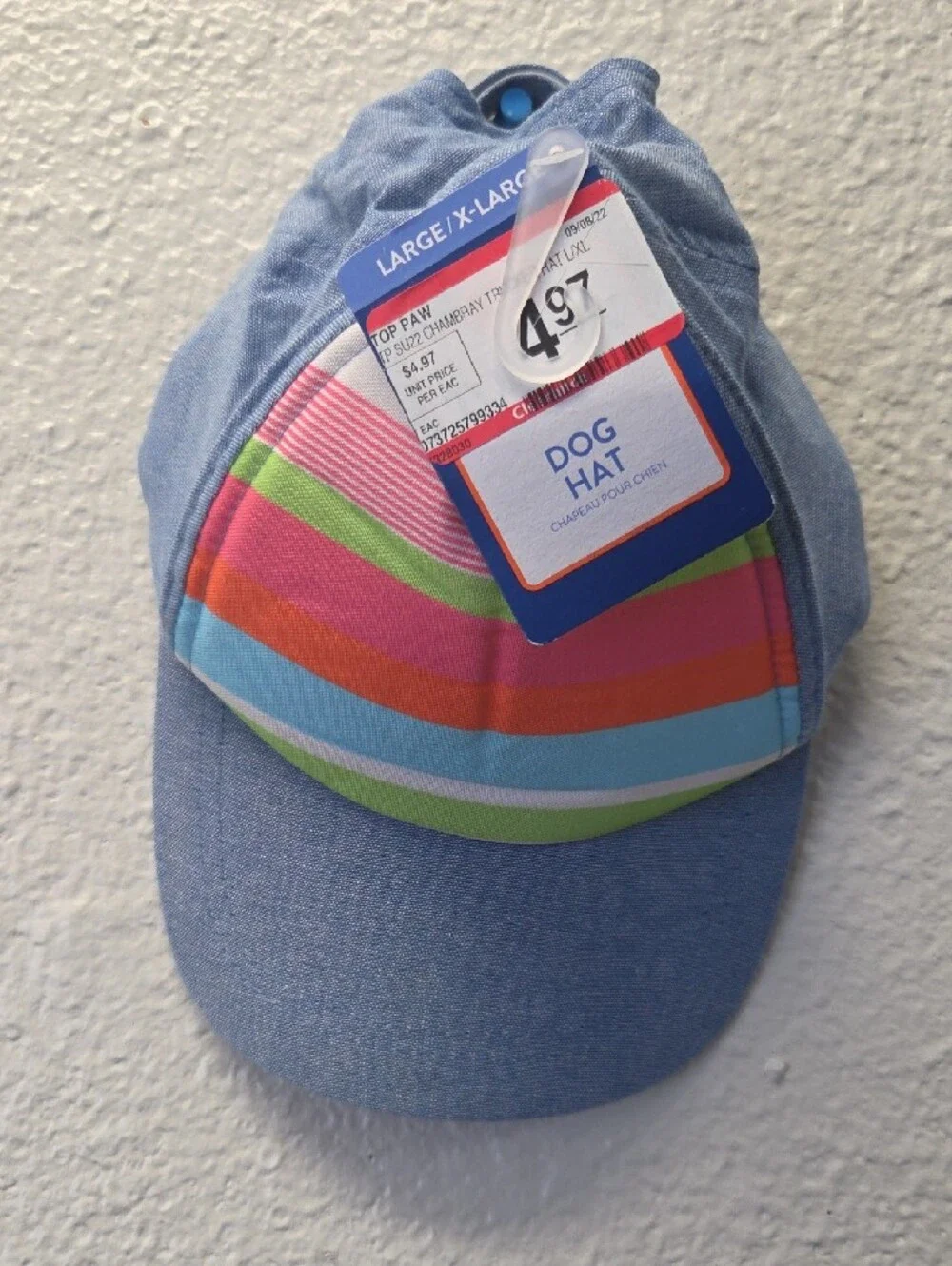 Top Paw Chambray Blue Dog Hat with Bright Stripe Panel